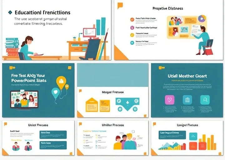 Educational PowerPoint presentation featuring school learning slides, flat vector illustrations, online training modules, and modern classroom presentation design.
