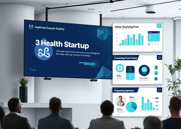 Healthcare startup pitch deck featuring medical technology presentation, digital health analytics, conference slides, and professional healthcare business templates.