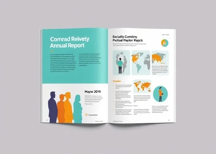 Community annual report design with world maps, people illustrations, statistics and nonprofit organization report layout