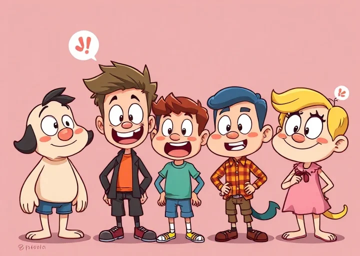 Cartoon character design featuring playful children with colorful expressions and fun illustration style