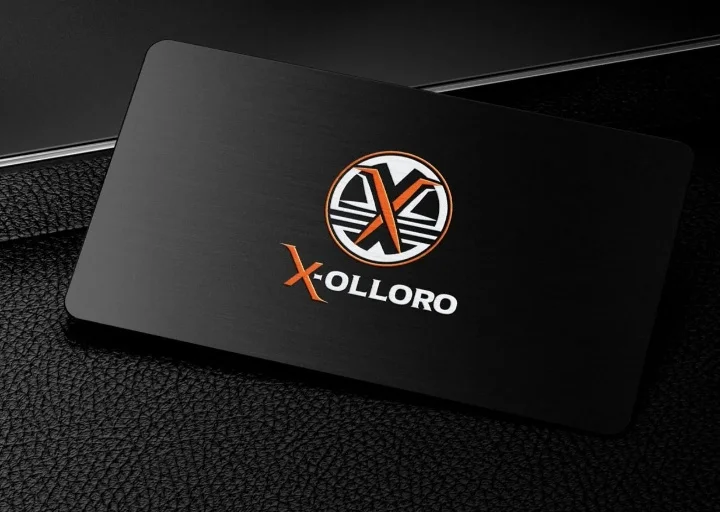 Luxury black business card design for Xolloro featuring premium logo branding, elegant finish, and modern corporate identity.
