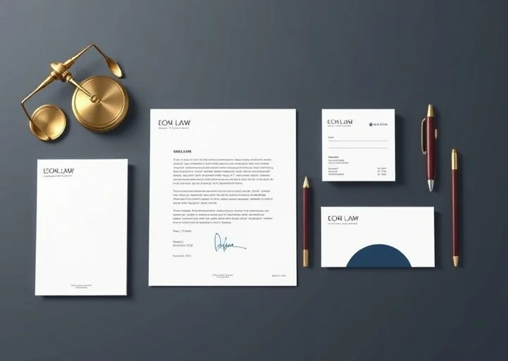 Elegant law firm stationery design including legal letterhead, business cards, envelopes, and professional office branding.