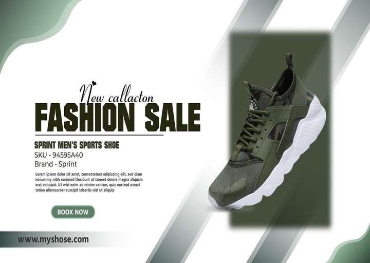 Modern fashion sale social media graphic featuring men's sports shoes, bold promotional typography, and stylish ecommerce advertising design.