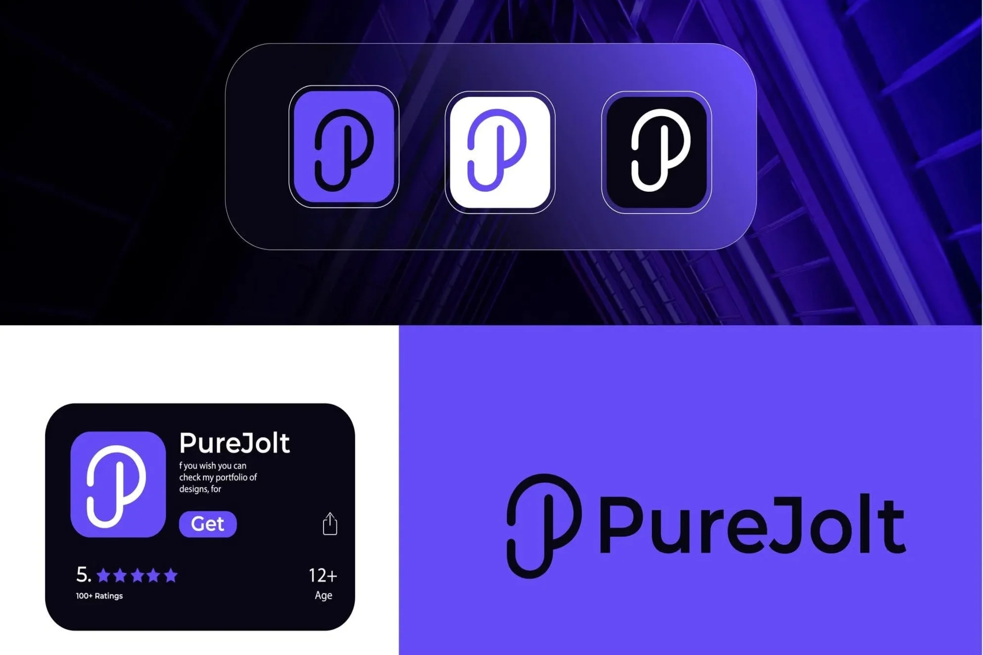 Mobile app logo design for PureJolt featuring a clean brand identity, modern app icon, and professional digital branding concept.