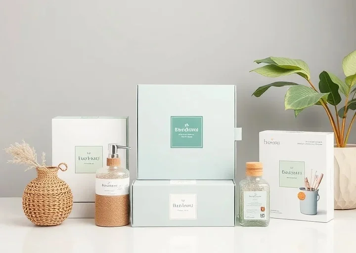 Minimal cosmetic packaging design featuring skincare product boxes, bottles, and premium branding with clean luxury packaging aesthetics.
