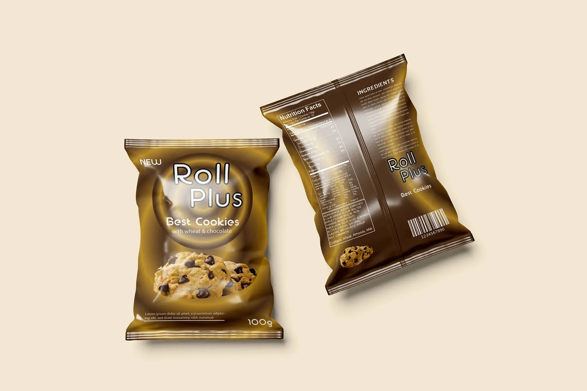 Chocolate cookie packaging design featuring premium snack wrapper, modern food branding, and attractive biscuit product label design.