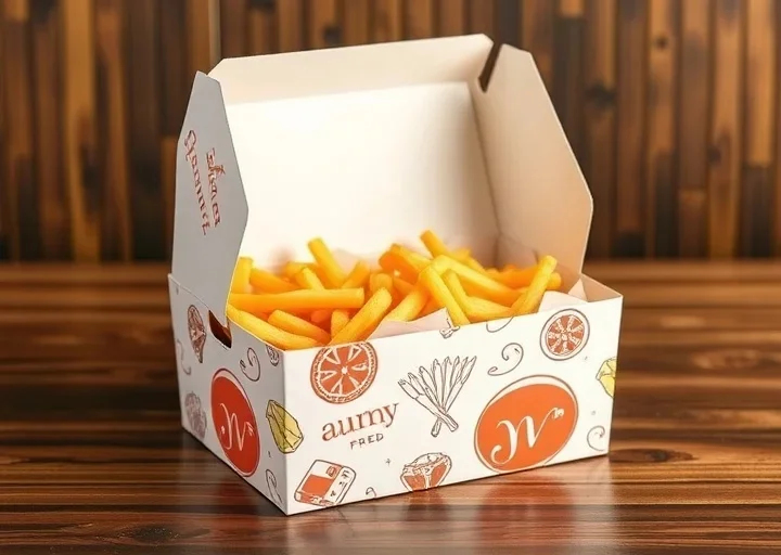 Modern French fries packaging box featuring takeaway fast food branding, printed cardboard food container, and restaurant packaging design.