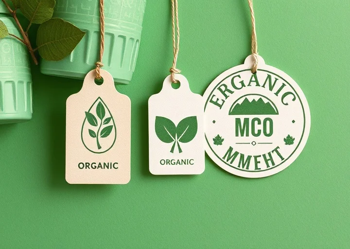 Eco-friendly organic product tags featuring sustainable packaging labels, natural branding, and premium green hang tag design.