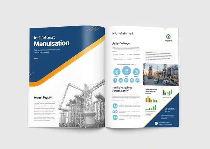 Manufacturing annual report design with industrial facilities, business charts and corporate infographic layout