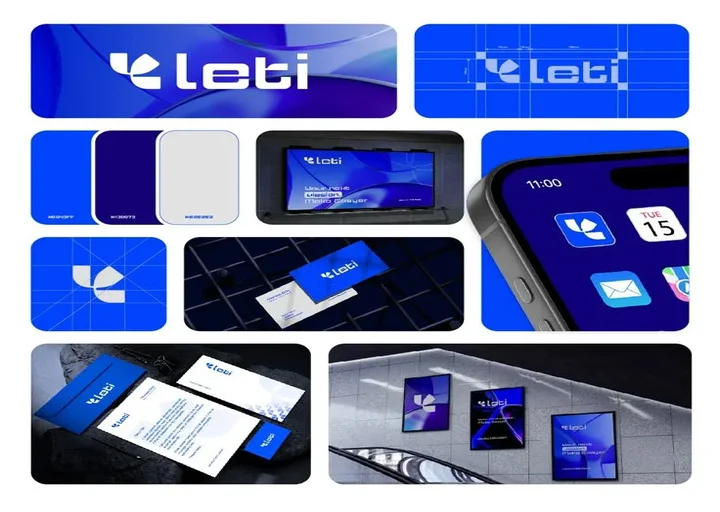 Corporate brand style guide for Leti showcasing logo variations, color palette, stationery, app branding, and complete visual identity system.