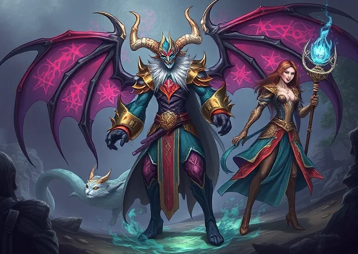 Fantasy character design with mythical warrior, mage and magical creature concept art