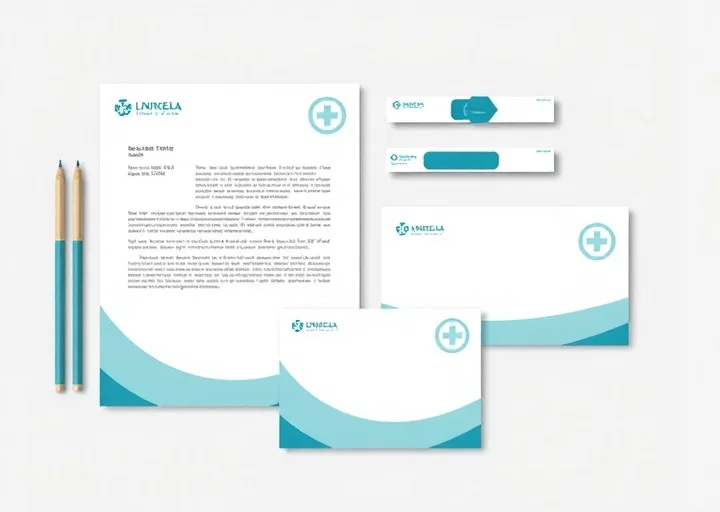 Healthcare stationery design featuring medical letterhead, envelopes, appointment cards, and professional clinic branding.