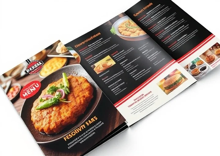 Creative restaurant menu brochure design with food photography, premium layout, and professional branding.