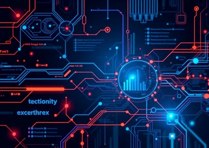 Futuristic technology banner featuring digital circuits, data visualization, cybersecurity elements, and modern tech branding design.