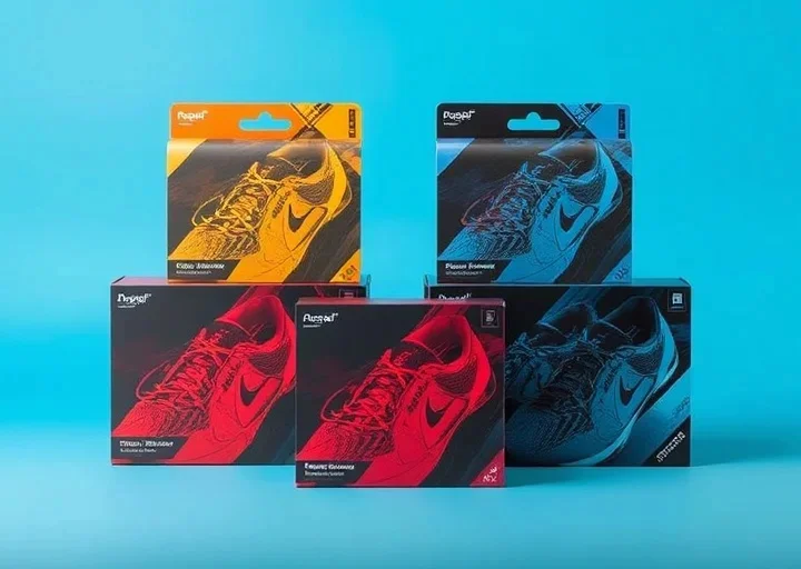 Modern sports shoe packaging design featuring premium sneaker boxes with bold graphics, vibrant branding, and retail-ready product packaging.