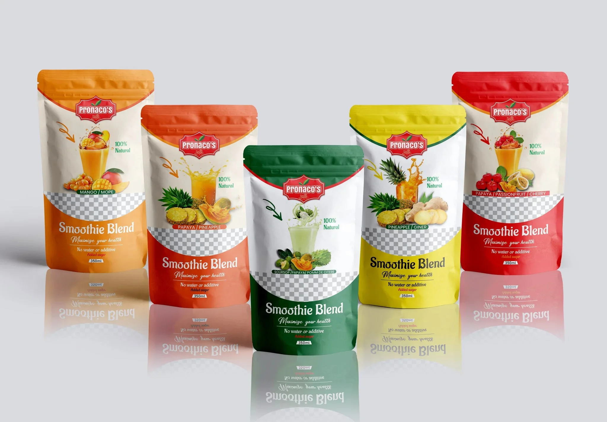 Fruit smoothie pouch packaging featuring vibrant food labels, stand-up pouch design, and healthy beverage branding for retail products.