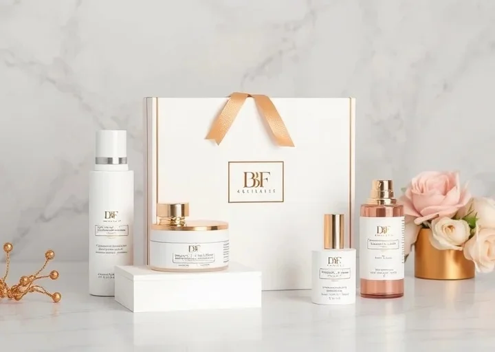 Luxury skincare gift box packaging featuring premium cosmetic bottles, elegant white and gold branding, and high-end beauty product packaging.