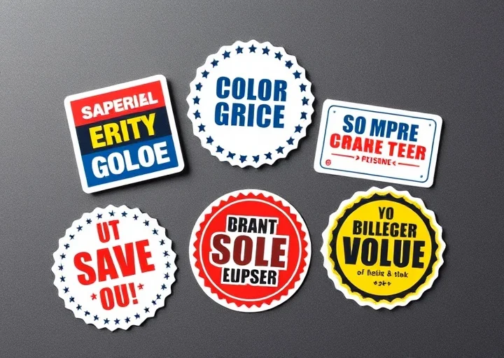 Colorful retail sale stickers featuring promotional discount badges, marketing labels, and eye-catching product offer tags for retail packaging.