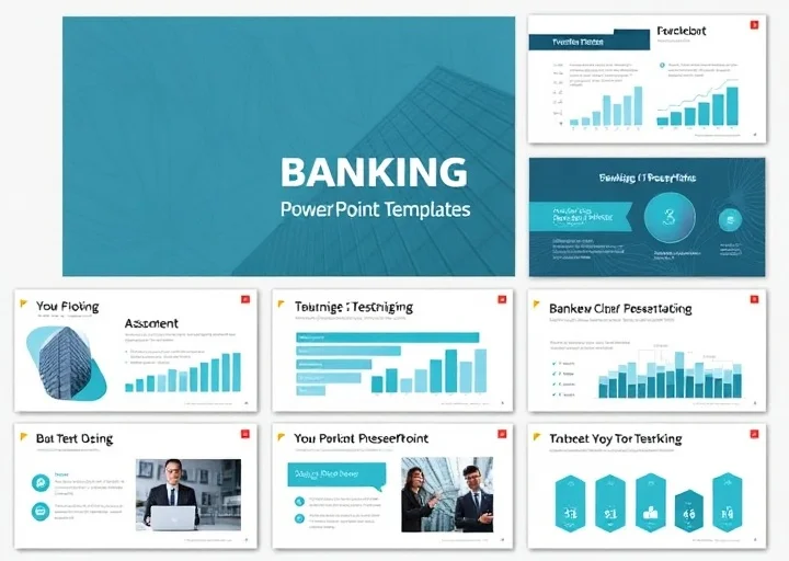 Corporate banking presentation template featuring financial reports, business growth charts, professional analytics, and executive PowerPoint slide design.
