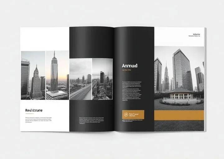 Real estate annual report brochure featuring modern architecture, black and gold editorial layout and corporate branding