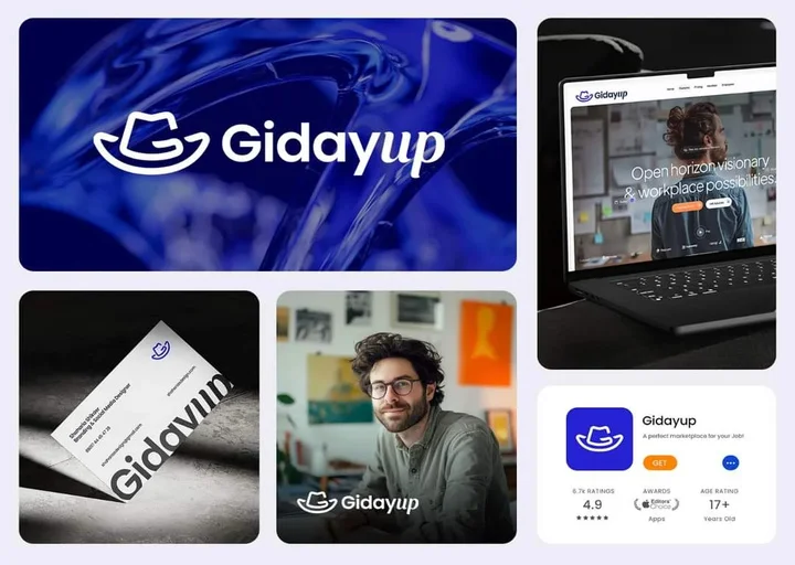 Creative brand style guide for Gidayup featuring logo applications, website branding, stationery design, mobile app identity, and marketing assets.