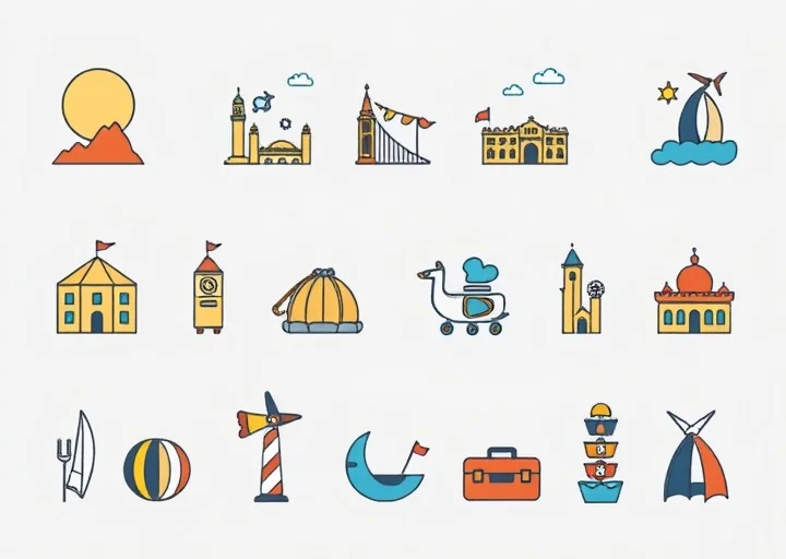 Travel and tourism icon design set featuring landmarks, destinations and vacation vector icons