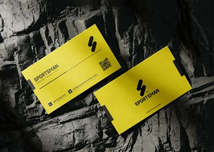 Creative yellow business card design for Sportsman featuring bold branding, QR code, and modern corporate identity.