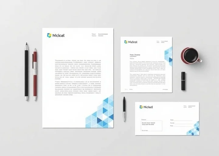 Minimal office stationery design with modern letterhead, document templates, business cards, and clean corporate identity.