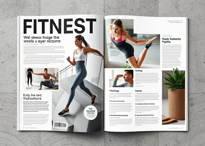 Professional fitness magazine layout featuring workout photography, health content, and clean editorial publication design.