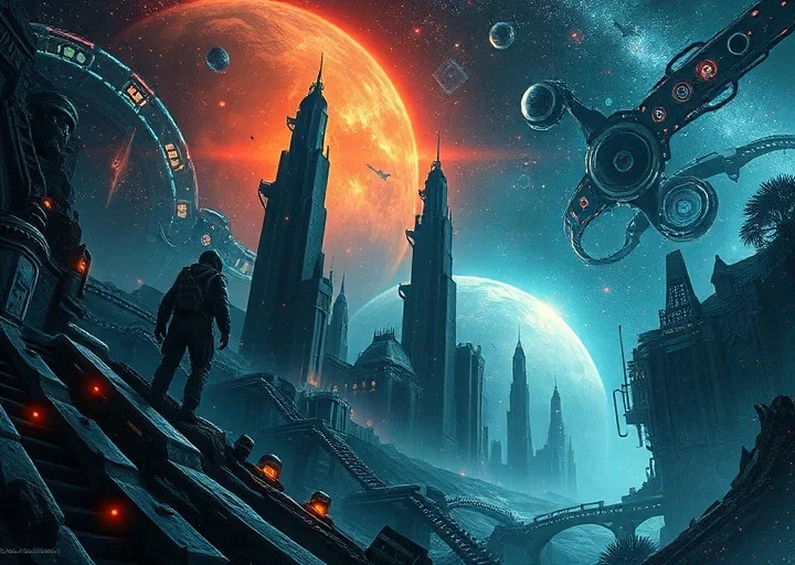 Futuristic science fiction book cover design featuring a cosmic landscape, space exploration, and cinematic fantasy artwork.