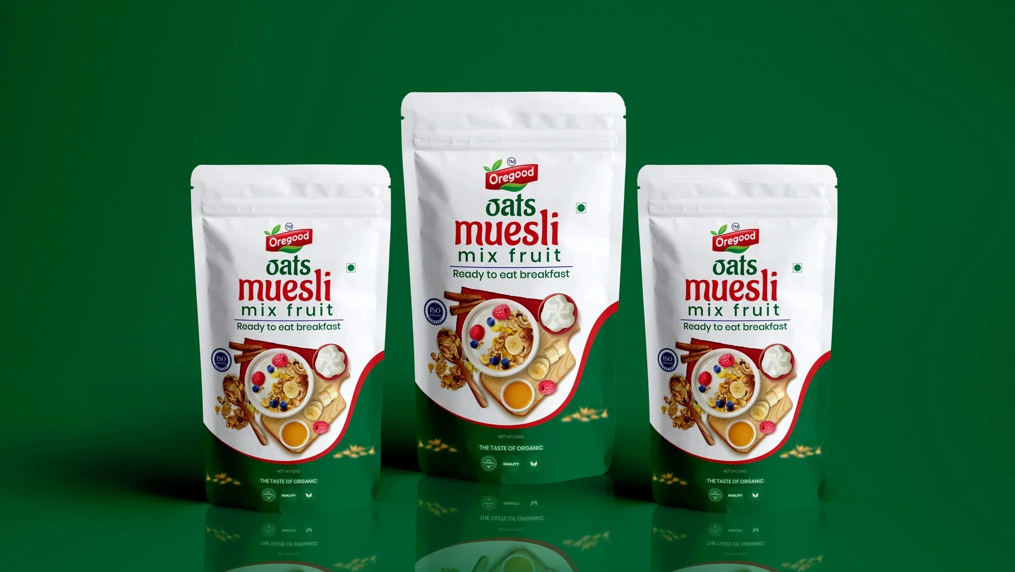 Premium oats and muesli food packaging featuring stand-up pouch design with healthy breakfast branding and modern product presentation.