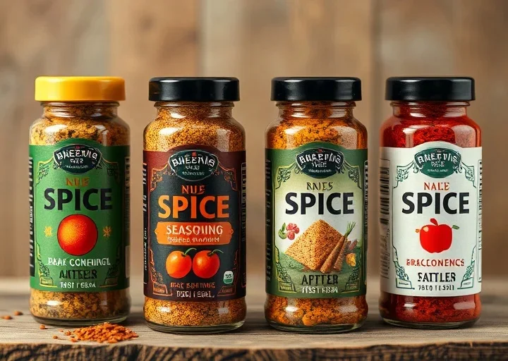 Modern spice label design featuring premium seasoning jars with colorful branding, food packaging labels, and kitchen product packaging.