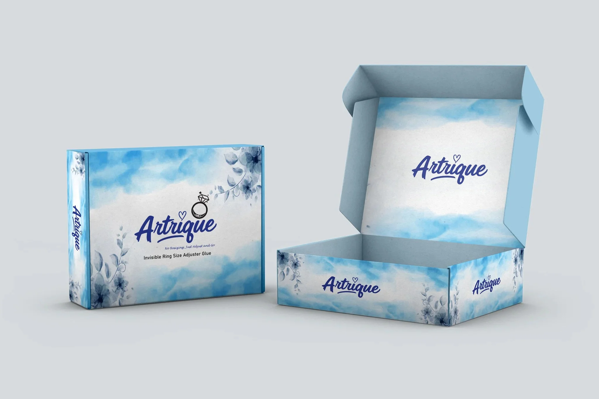 Creative jewelry accessory box design featuring watercolor packaging, floral accents, and premium ring size adjuster product branding.