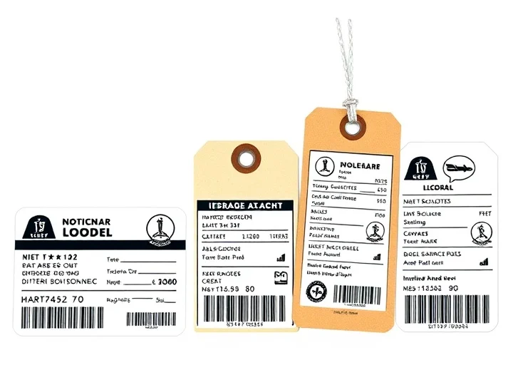 Vintage shipping labels featuring industrial barcode tags, retro product information stickers, and classic packaging label design.