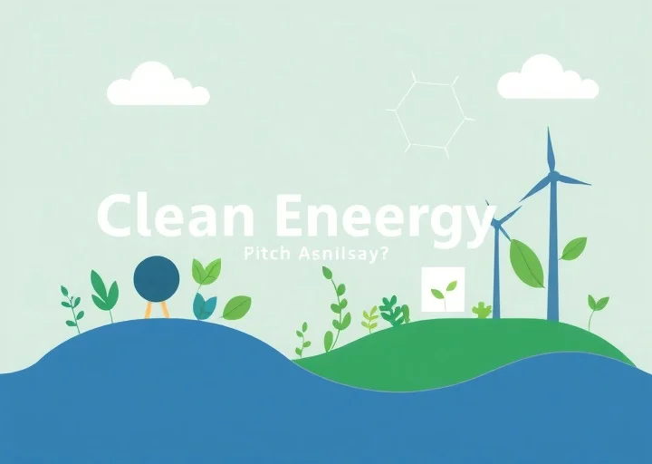 Clean energy pitch deck featuring renewable sustainability presentation, eco-friendly business strategy slides, wind turbine graphics, and green technology PowerPoint template.