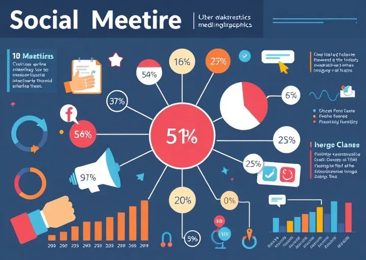 Social media infographic featuring digital marketing analytics, audience engagement metrics, communication network charts, and performance data visualization.