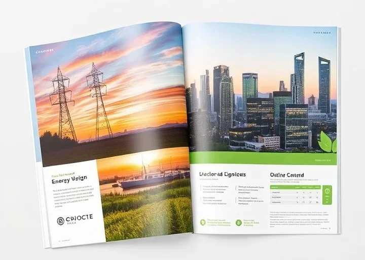 Energy annual report design with power infrastructure, sustainability graphics and corporate business report layout