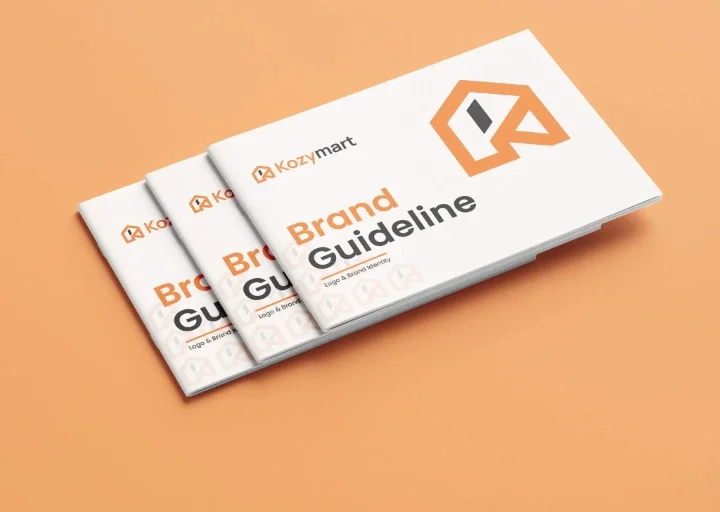 Professional brand guideline book designed for Kozymart featuring logo rules, brand identity system, typography, and corporate branding standards.