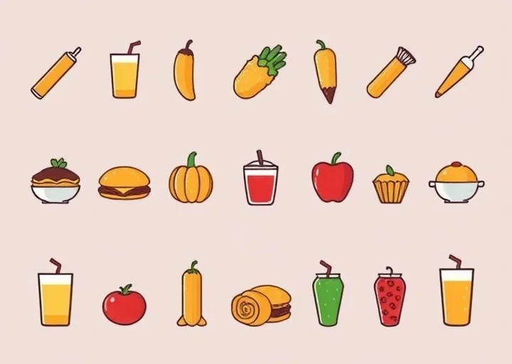 Creative food icon design pack with restaurant, drinks, fruits and fast food vector icons