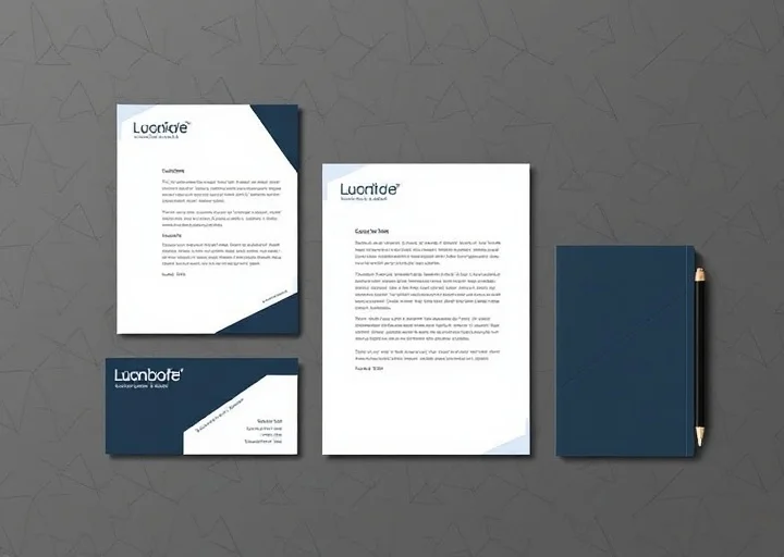 Professional blue corporate stationery design featuring letterhead, notebook, business card, and complete office branding package.