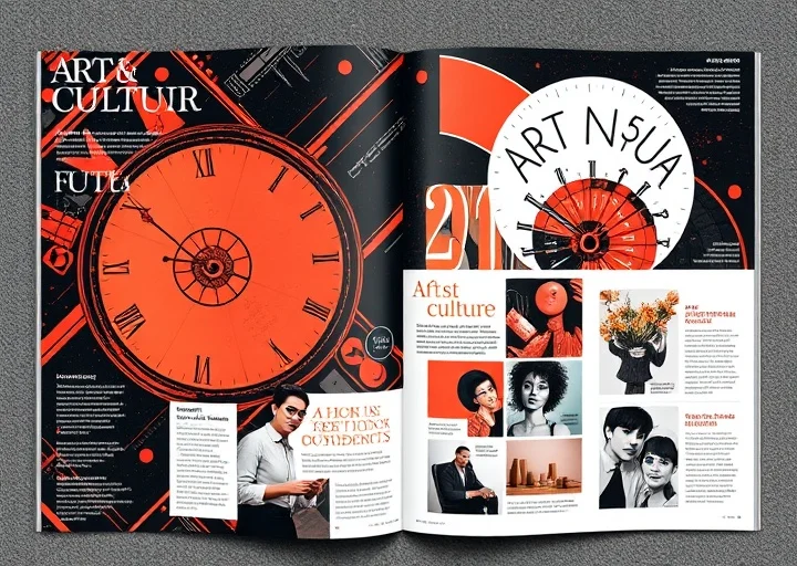 Premium art and culture magazine layout with creative editorial graphics, artistic photography, and bold magazine design.