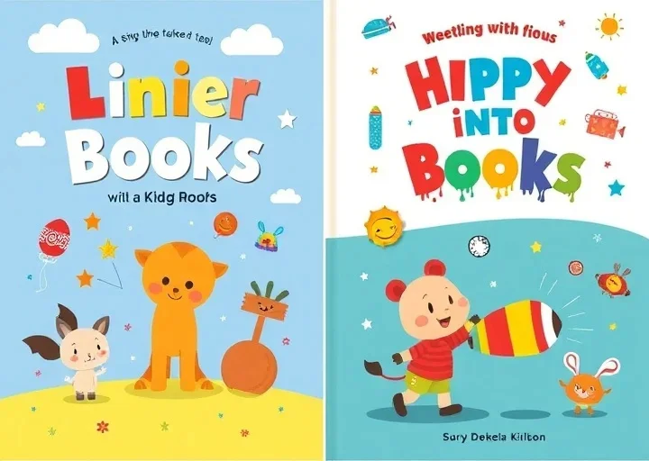 Colorful children's book cover design with cute cartoon illustrations, playful typography, and kid-friendly publishing style.