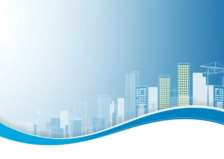 Modern corporate banner featuring a blue city skyline illustration, abstract wave design, and professional business branding background.