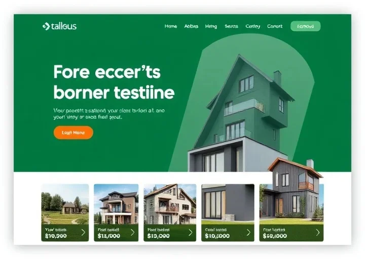 Professional real estate website UI showcasing modern property listings, featured homes, pricing cards, and responsive real estate web design.