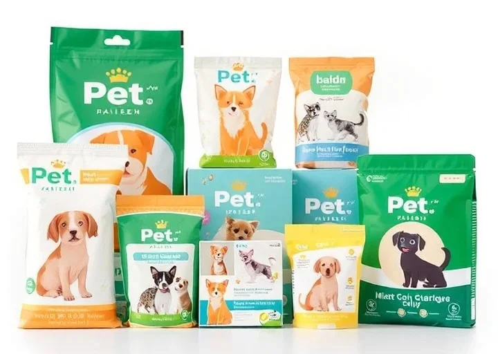 Creative pet food packaging design showcasing colorful dog and cat food bags with modern branding and attractive product labels.