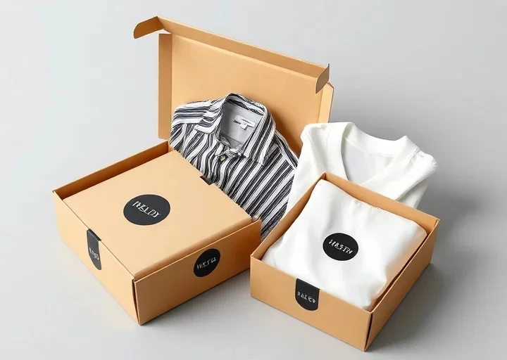 Eco-friendly kraft clothing packaging boxes featuring premium apparel mailer packaging, folded garments, and sustainable eCommerce box design.