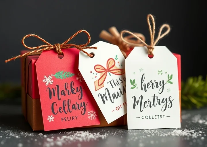 Festive Christmas gift tags featuring decorative holiday labels, elegant hanging gift tags, and seasonal packaging accessories with ribbon accents.