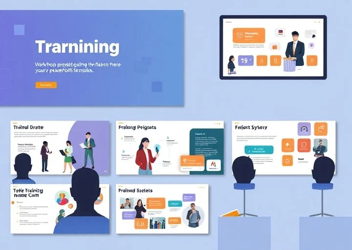 Minimalist corporate training presentation featuring workshop slides, business learning modules, pastel illustrations, and professional PowerPoint template design.