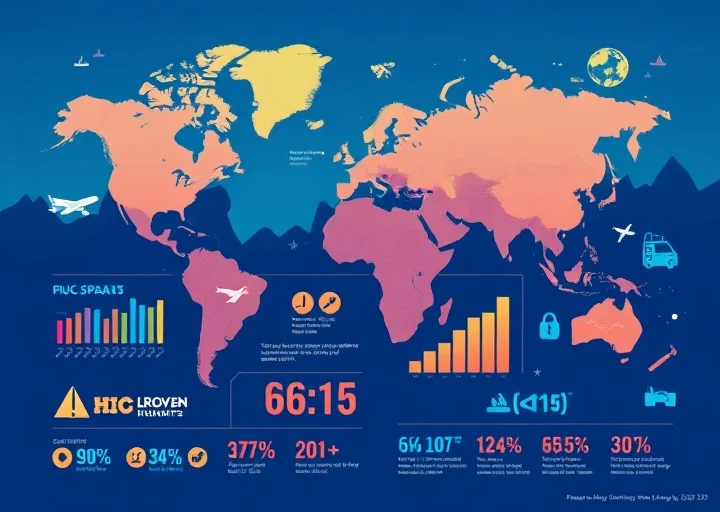 Global logistics infographic featuring world map analytics, international trade routes, business metrics, and professional data visualization dashboard.