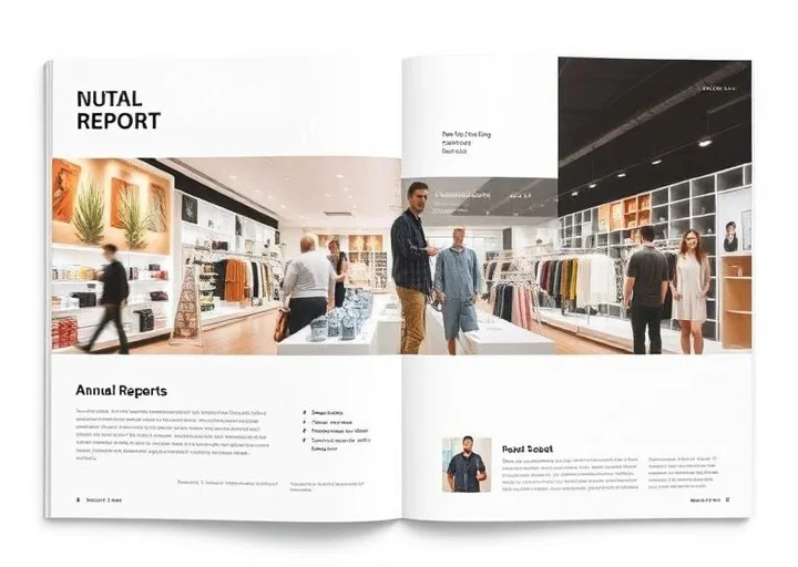 Retail annual report brochure design featuring modern store photography, business insights and professional editorial layout